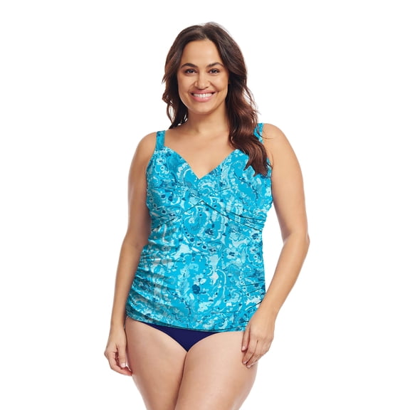 Women's Plus Size Wrap Front Tankini Swim Top with Tummy Control | Mediterranean Paisley Turquoise | Mazu Swim
