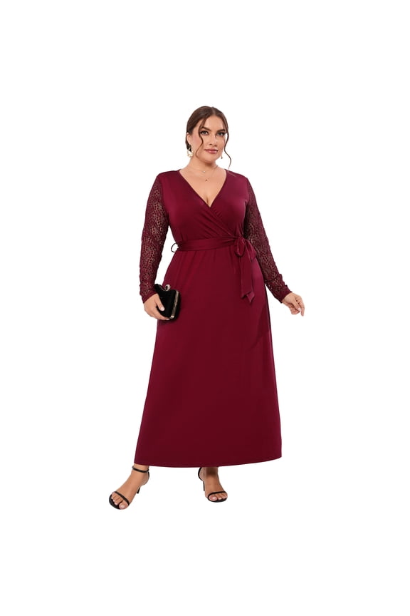Plus Size Wrap V Neck Maxi Dress For Women Formal Curvy Long Dresses Lace Short Sleeve Summer Dress