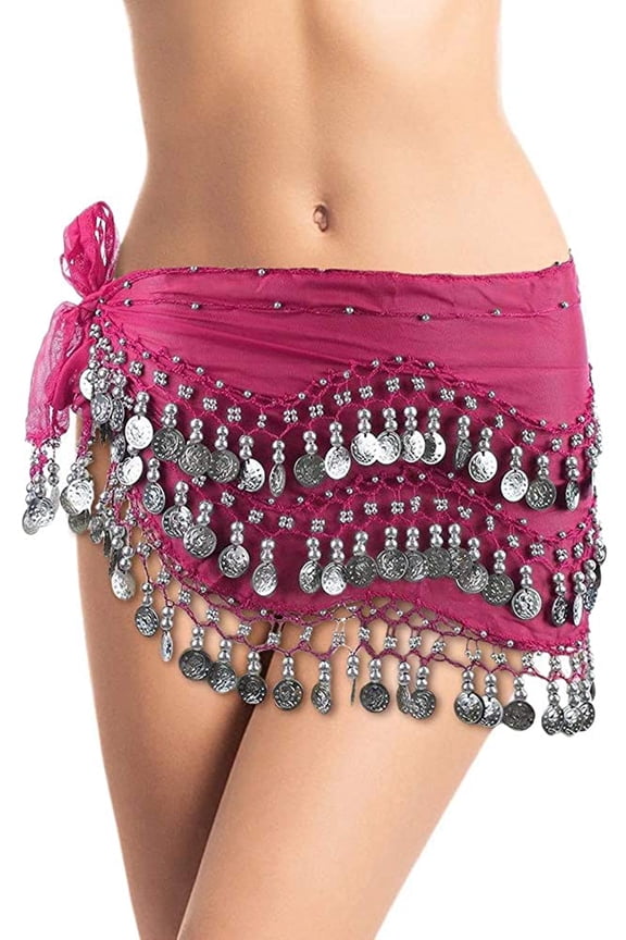 Plus Size XL Chiffon Belly Dance Hip Scarf Wrap Belt Tribal Sash Skirt Silver Coins - Fuchsia