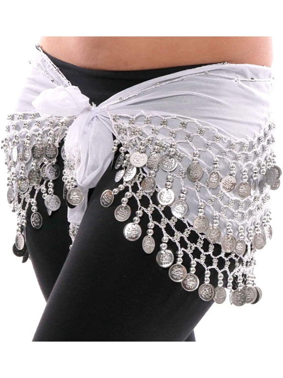 Plus Size XL Chiffon Belly Dance Hip Scarf Wrap Belt Tribal Sash Skirt Silver Coins - White with Silver Coins
