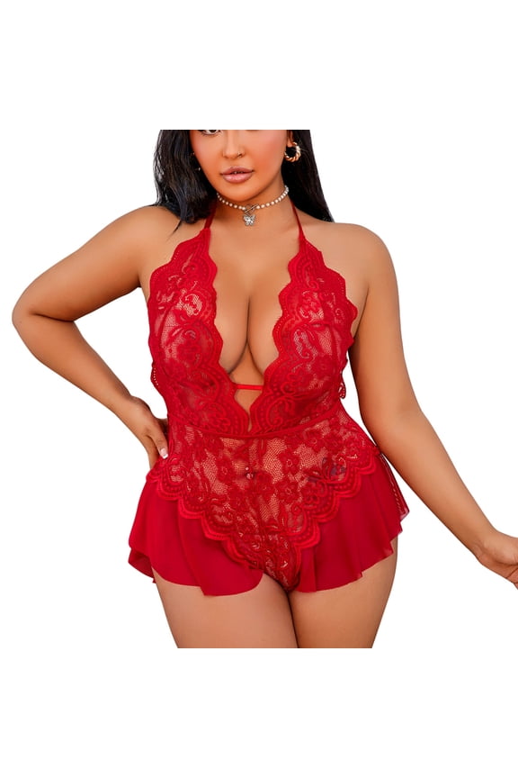 Plus Size Women's Halter Neck Lace Babydoll Nightgown Deep V-Neck Chemise Bodysuit Night Dress Red XXL 1-Piece
