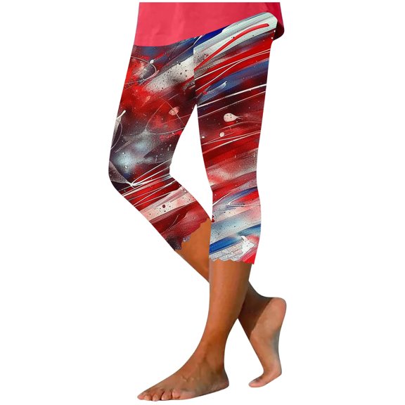 Plus Size Yoga Leggings for Womens Independence Day Usa Flag Star Printed Yoga Capris High Waisted Tummy Control Sweatpant Athletic-Fit Quick Dry Active Capris Pants Workout Yoga Pants
