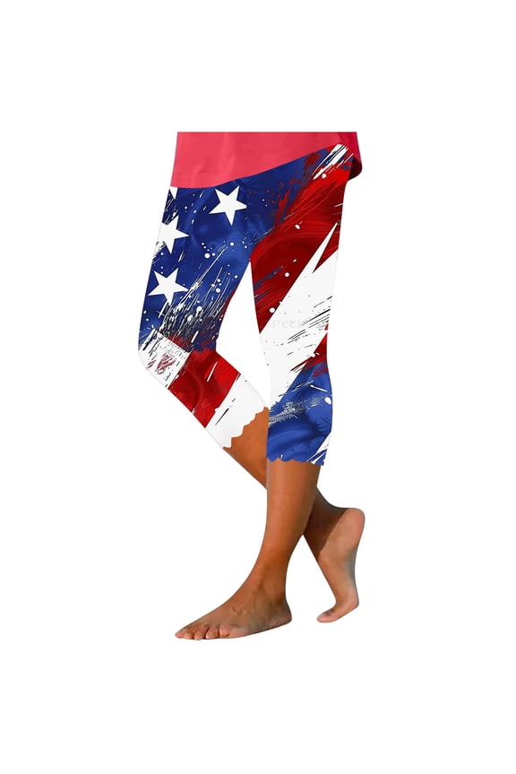 Plus Size Yoga Leggings for Womens Independence Day Usa Flag Star Printed Yoga Capris High Waisted Tummy Control Sweatpant Athletic-Fit Quick Dry Active Capris Pants Workout Yoga Pants