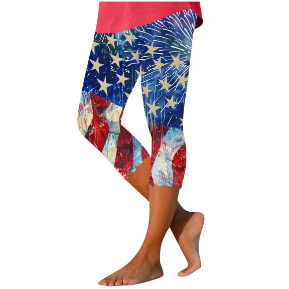 Plus Size Yoga Leggings for Womens Independence Day Usa Flag Star Printed Yoga Capris High Waisted Tummy Control Sweatpant Athletic-Fit Quick Dry Active Capris Pants Workout Yoga Pants