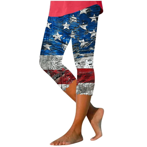 Plus Size Yoga Leggings for Womens Independence Day Usa Flag Star Printed Yoga Capris High Waisted Tummy Control Sweatpant Athletic-Fit Quick Dry Active Capris Pants Workout Yoga Pants