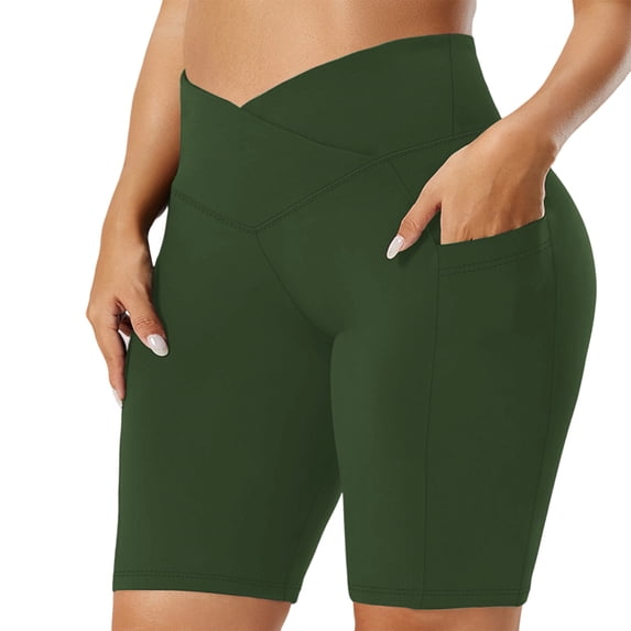 Plus Size Yoga Shorts with Pockets Womens 1X-5X Crossover High Waist Stretch Soft Workout Short Leggings (XL, Army Green)