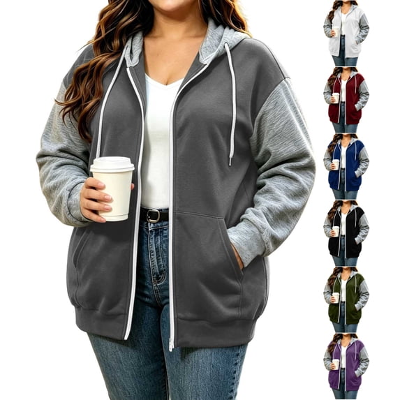 Plus Size Zip Up Hoodie for Women Color Block Long Sleeve Sweatshirt with Pockets for Fall Winter
