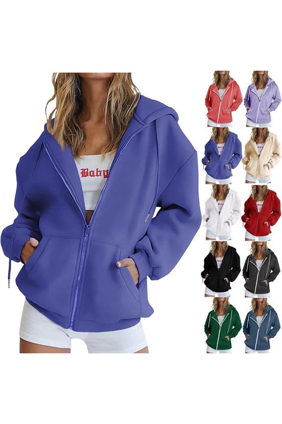 Plus Size Zip Up Women Hoodies Zipper V-Neck Pullover Tops Long Sleeve Hooded Blouse Sweatshirt