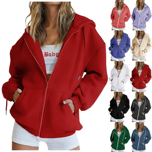 Hoodies for Women Casual Fall Tops Plus Size Zip Up Women Hoodies Zipper V-Neck Pullover Tops Long Sleeve Hooded Blouse Sweatshirt
