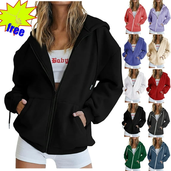 Plus Size Zip Up Women Hoodies Zipper V-Neck Pullover Tops Long Sleeve Hooded Blouse Sweatshirt on Clearance