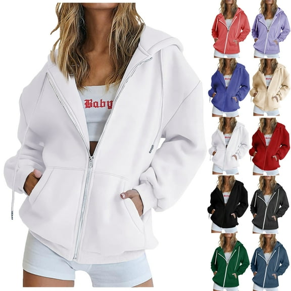 Womens Oversized Hoodies Plus Size Zip Up Women Hoodies Zipper V-Neck Pullover Tops Long Sleeve Hooded Blouse Sweatshirt