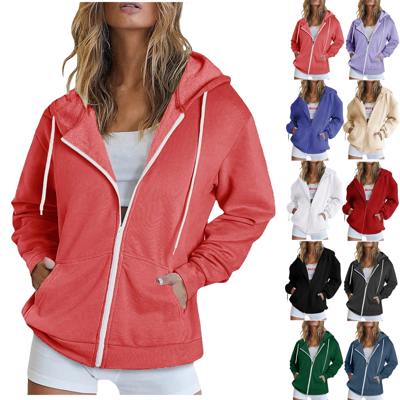 Plus Size Zip Up Women Hoodies Zipper V-Neck Pullover Tops Long Sleeve ...