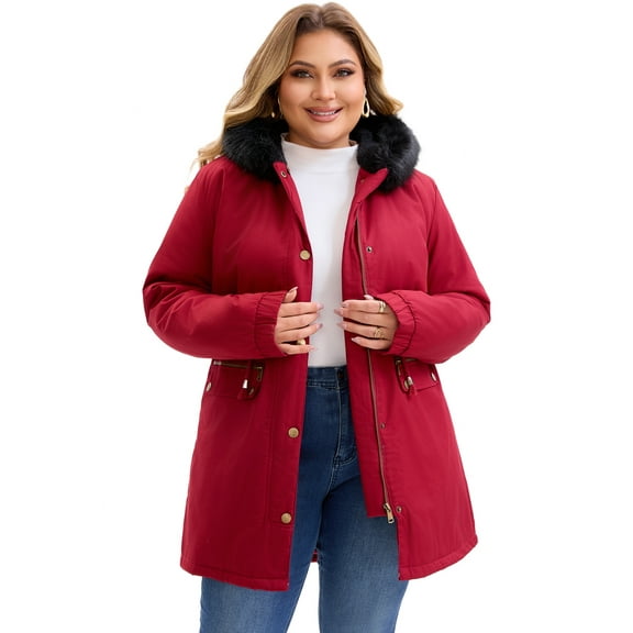 Agnes Orinda Women's Plus Size Parka Jacket Windbreaker Faux Fur Hood Drawstring Fleece Lined Zipper Buttons Coat with Pockets 1X Burgundy