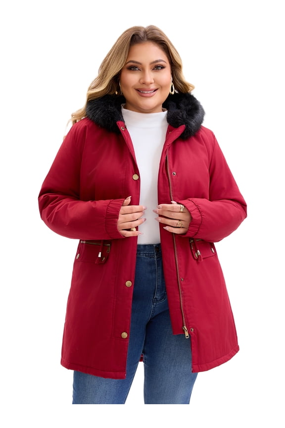 Women's Plus Size Parka Jacket Windbreaker Faux Fur Hood Drawstring Fleece Lined Zipper Buttons Coat with Pockets 1X Burgundy