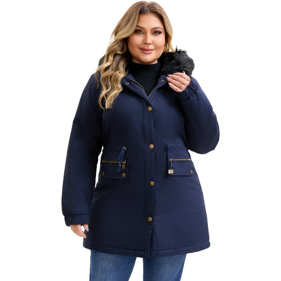 Agnes Orinda Women's Plus Size Parka Jacket Windbreaker Faux Fur Hood Drawstring Fleece Lined Zipper Buttons Coat with Pockets 1X Navy Blue