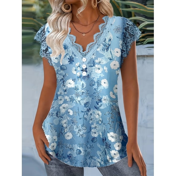 Plus SizeWomen's Floral Print V Neck Lace Trim Blouse, Casual Short Sleeve Summer Top