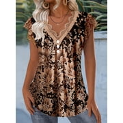 Plus SizeWomens Floral Print V Neck Lace Trim Blouse, Casual Short Sleeve Summer Top