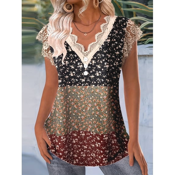 Plus SizeWomen's Floral Print V Neck Lace Trim Blouse, Casual Short Sleeve Summer Top