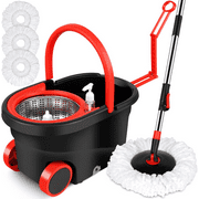 Plus Sized Spin Mop and Bucket Set on Wheels, 360 Spinning Mop Bucket with 3 Replacement Refills & 61" Extended Handle, Mop Bucket for Living Room, Bedroom, Kitchen, Office Black & Red