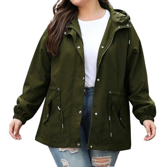 Plus Soize Women's Hooded Wind Jacket Zip Snap Elastic Cuff Utility Coat Lightweight Outdoor Outerwear with Pocket for Fall Winter Army Green