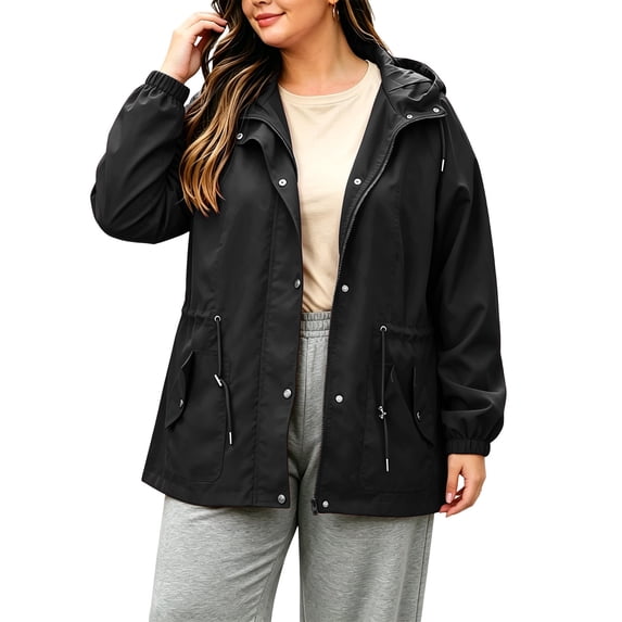 Plus Soize Women's Hooded Wind Jacket Zip Snap Elastic Cuff Utility Coat Lightweight Outdoor Outerwear with Pocket for Fall Winter Black