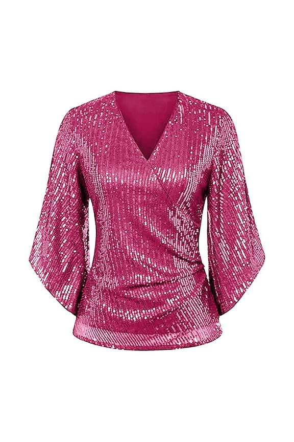 Plus T Shirts For Women Plus Size, Womens Sequin Tops 3/4 Sleeve Glitter Sparkly Party Blouse V Neck Dressy Tops For Evening Party Pink