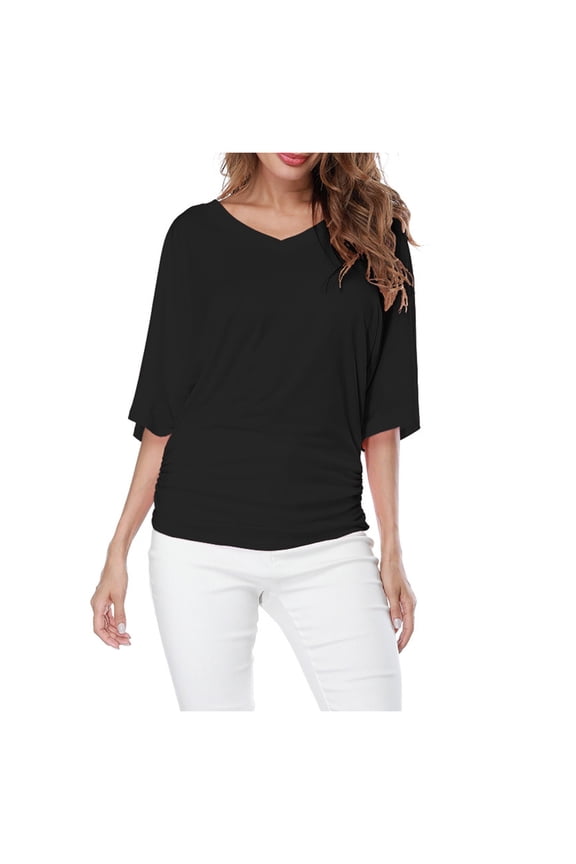 Plus Top V Neck Sleeve Batwing Loose T Shirt Fashion Size Fold Hem Women Solid Plus Size Tops