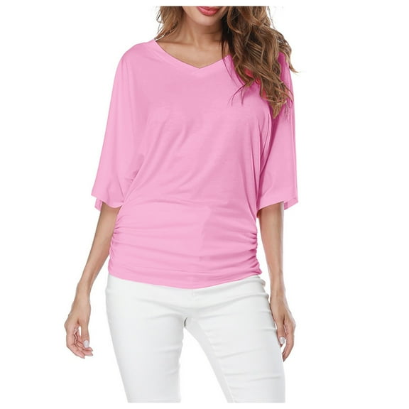 Plus Top V Neck Sleeve Batwing Loose T Shirt Fashion Size Fold Hem Women Solid Plus Size Tops