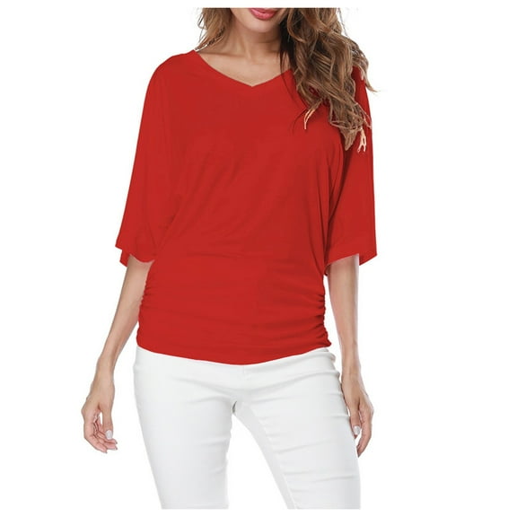Plus Top V Neck Sleeve Batwing Loose T Shirt Fashion Size Fold Hem Women Solid Plus Size Tops
