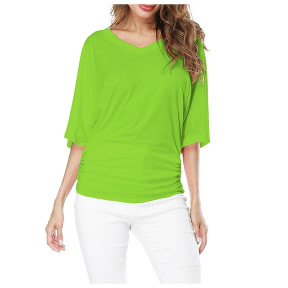Plus Top V Neck Sleeve Batwing Loose T Shirt Fashion Size Fold Hem Women Solid Plus Size Tops