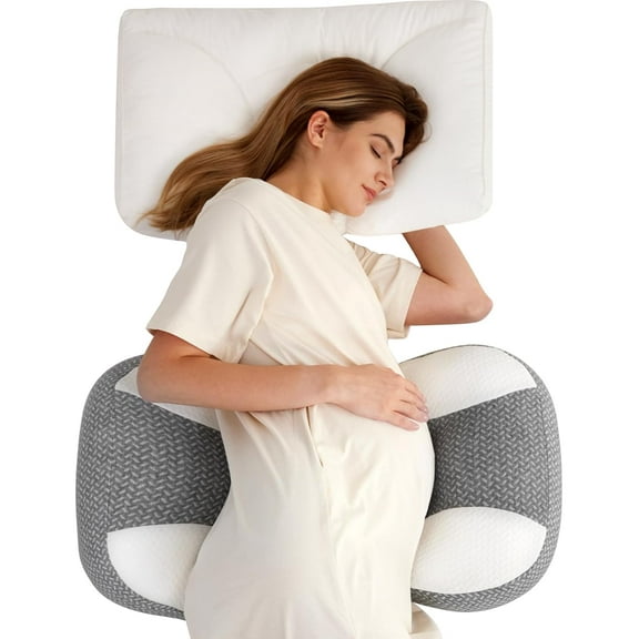Plus W Shaped Pregnancy Pillow for Sleeping, Adjustable Maternity Pillow for Side Sleepers, Portable Wedge Belly Support, Compact Design for Back Belly and HIPS, Grey and White