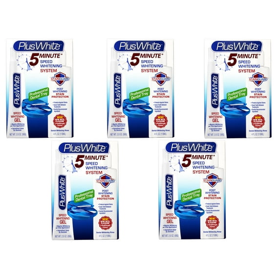 Plus White 5 Minute Speed Whitening System – Fast & Effective Teeth Whitening Gel & Professional Dental Tray & Dental Whitening Rinse - 5 Pack