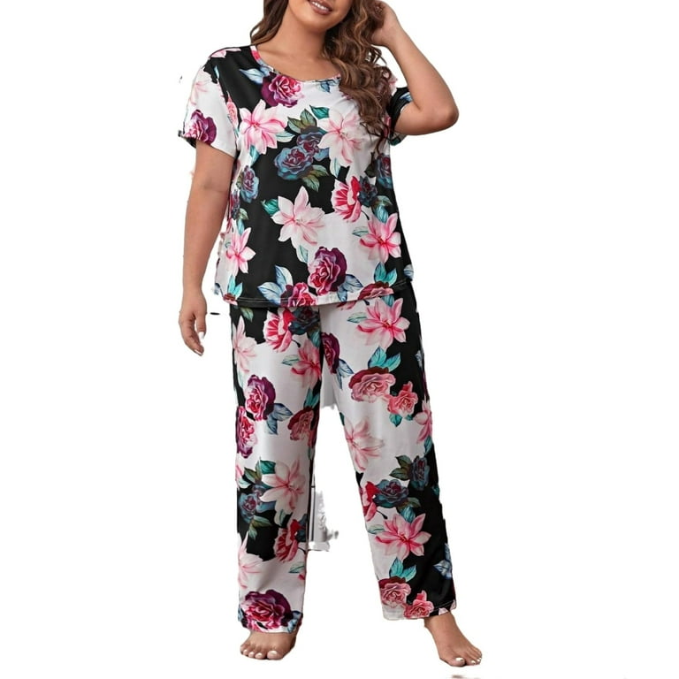 Plus Women s Floral Print Scoop Neck Pant Sets Short Sleeve Multicolor Plus Size Pajama Sets Women s Plus Walmart