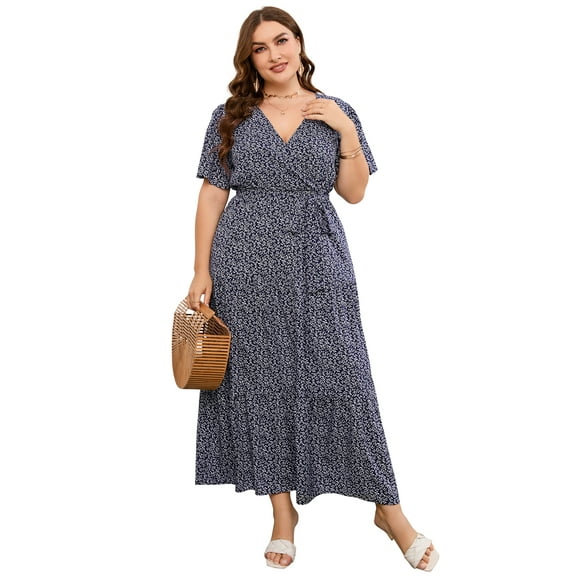 Plus Women's Plus Size A-Line Deep V-Neck Elastic Sash Waist Maxi Formal Dress