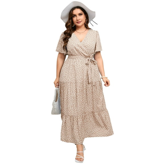 Plus Women's Plus Size A-Line Deep V-Neck Elastic Sash Waist Maxi Formal Dress