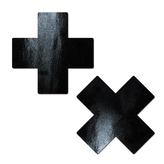 Plus X: Black Faux Latex Pleather Vinyl Cross Nipple Pasties by Pastease