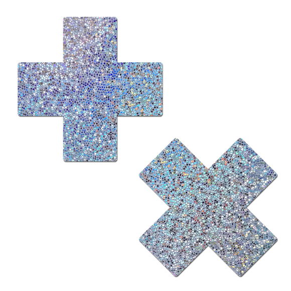 Plus X: Glitter Crushed Silver Cross Nipple Pasties by Pastease