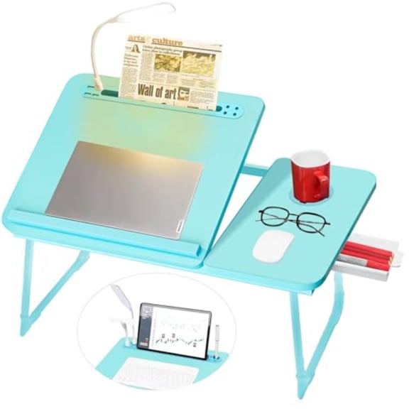 Plus XL Adjustable Laptop Desk with Light, USB Port, iPad Holder, Drawer Storage - Larger 23.6IN Adjustable Lap Desk for Bed, Home Office, Breakfast Tray, Fordable Legs Desk