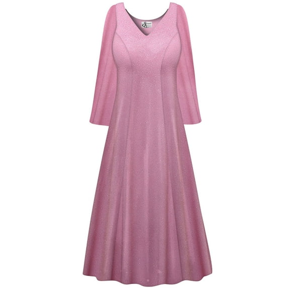Plus size 1x Extra Tall Womens Dress Soft Pink Sparkling Designer Print Long Sleeve High V-Neck Princess Cut