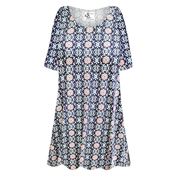 Plus size 2x Petite Womens Short Sleeve Moroccan Blue Dream Print Tunic Tops Casual Loose Fitting Flowy Shirts Blouses