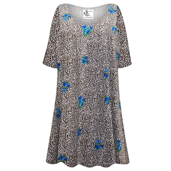 Plus size 2x Womens Short Sleeve Cheetah Hydrangea Designer Print Tunic Tops Casual Loose Fitting Flowy Shirts Blouses