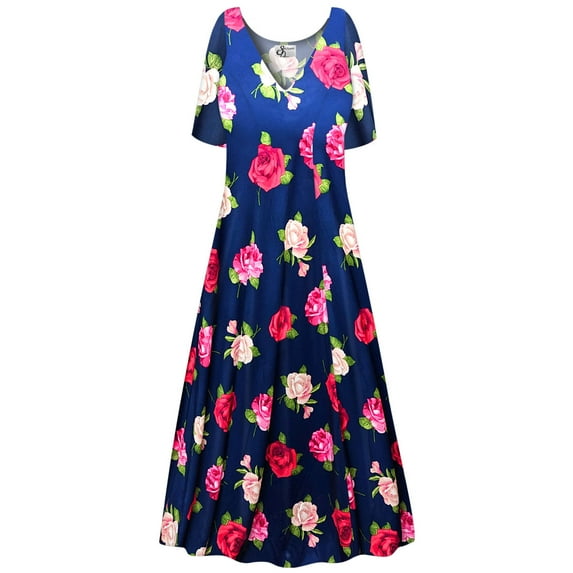 Plus size 3x Extra Tall Womens Dress Rose Bloom Sea Designer Print Short Sleeve Low V-Neck Princess Cut