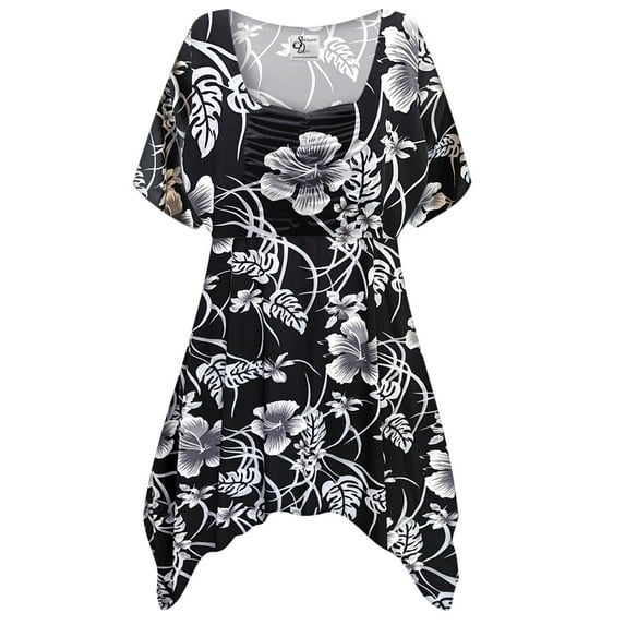 Plus size 4x Womens Short Sleeve Casual Silver Magnolia Designer Print Babydoll Tops Rouched Peplum Eclectic T-Shirts