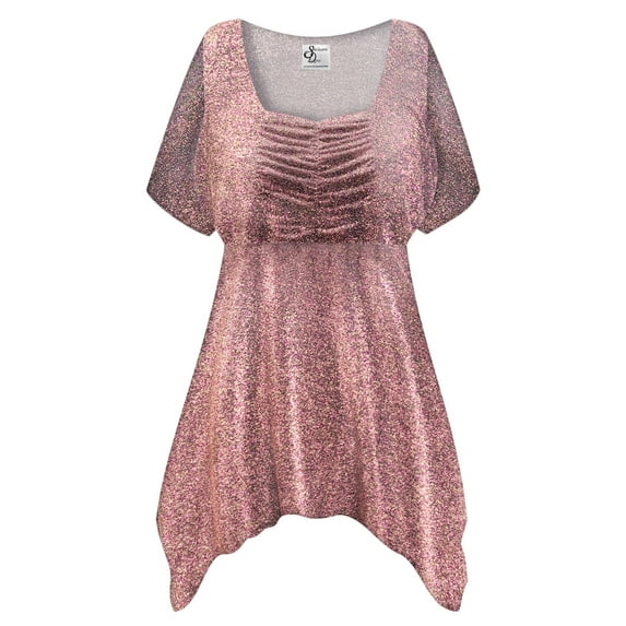 Plus size 5x Extra Tall Womens Short Sleeve Casual Red Dawn Sparkling Effect Babydoll Tops Rouched Peplum Eclectic T-Shirts