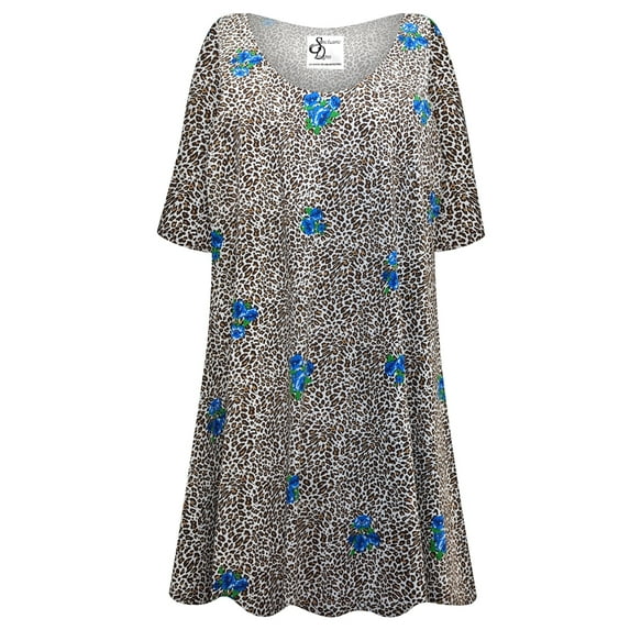 Plus size 8x Petite Womens Short Sleeve Cheetah Hydrangea Designer Print Tunic Tops Casual Loose Fitting Flowy Shirts Blouses