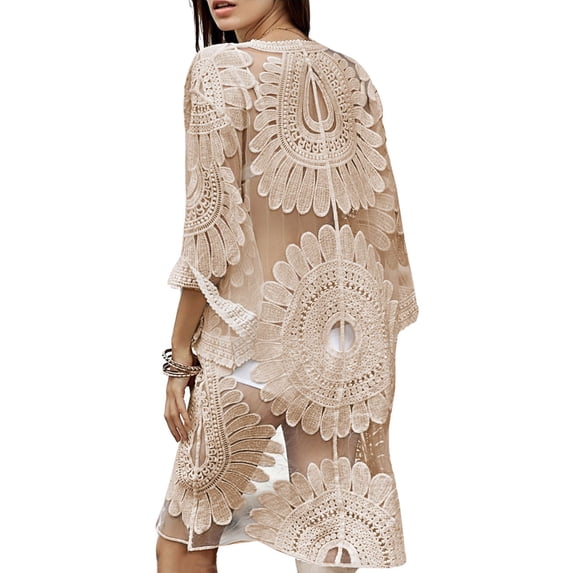 Plus size Cover Up for women Sexy Lace stitching Swimsuit Cover Up Open Front Cardigan Beige Beach Swim Cover Ups Shermie