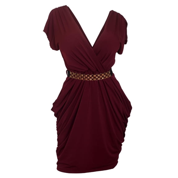 Plus size Deep V-Neck Wrap Bodice Dress Burgundy