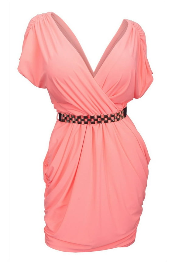 Plus size Deep V-Neck Wrap Bodice Dress Coral