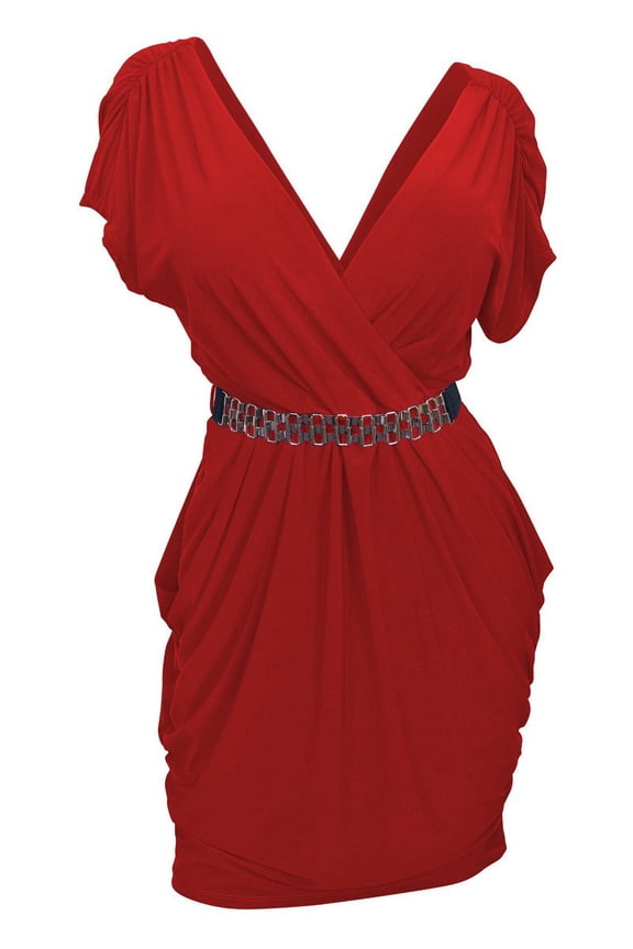Plus size Deep V-Neck Wrap Bodice Dress Red