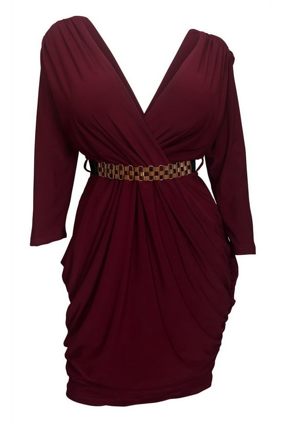 Plus size Deep V-Neck Wrap Bodice Long Sleeve Dress Burgundy